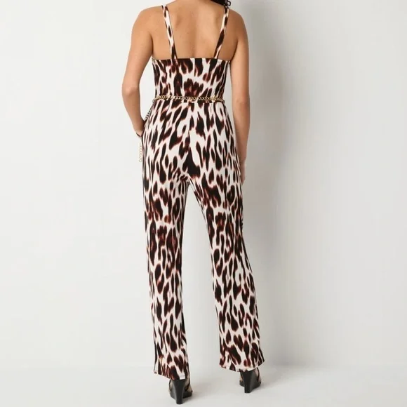 Bold Element Brown and Black Leopard Print Sleeveless Jumpsuit Chain Belt - Picture 3 of 16